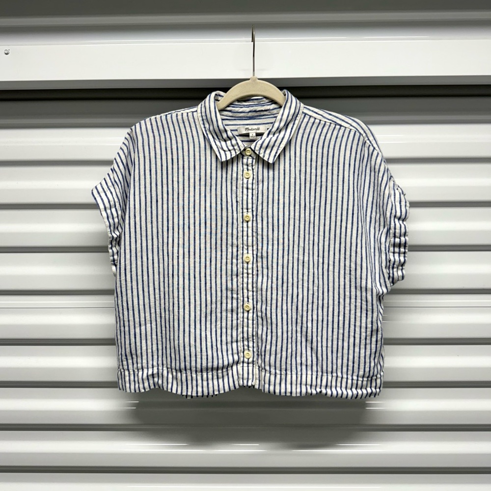 Madewell Blue White Striped Linen Cropped Button Front Top Size L